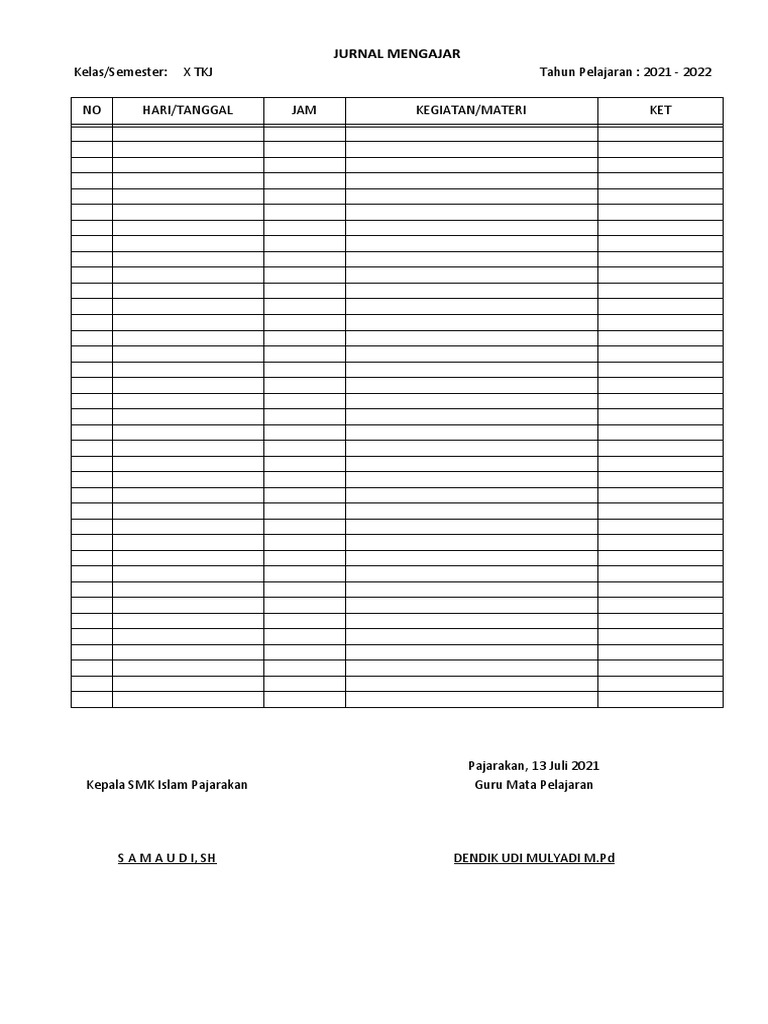 Jurnal Mengajar Kelas X TKJ dan TKR | PDF