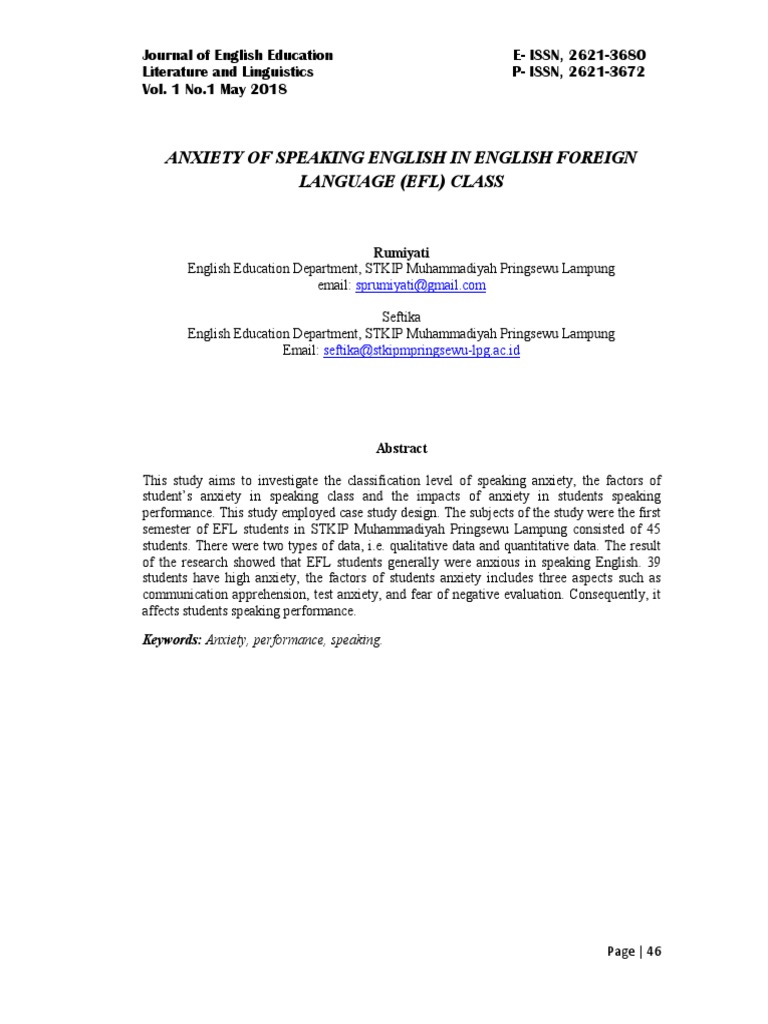 Anxiety of Speaking English in English. | PDF | Anxiety | Self Efficacy