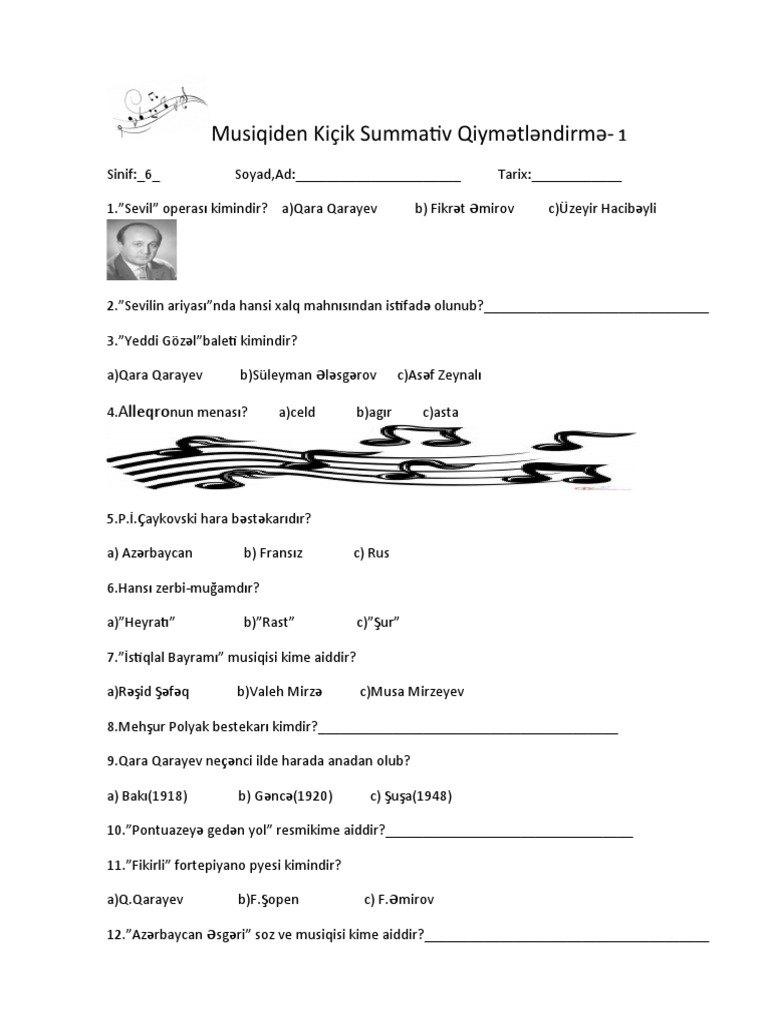 Musiqiden Kiçik Summativ Qiymətləndirm1 6ci Sinif | PDF