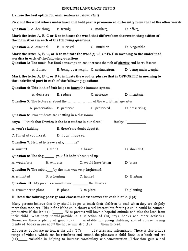 English Language Test 3 Pdf