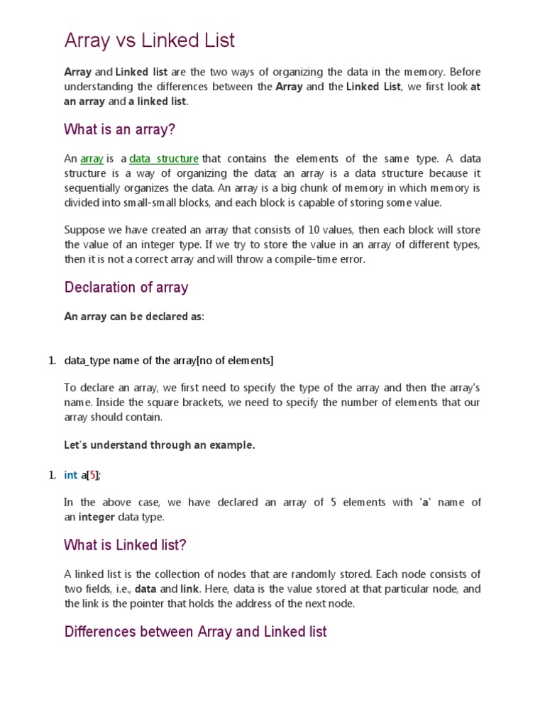 Array vs Linked List | PDF | Array Data Structure | Pointer (Computer ...