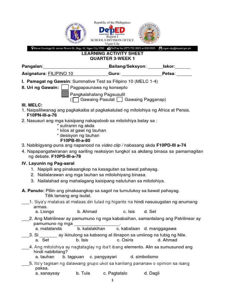 Fil 10 Summative q3 Week 1 Learners | PDF
