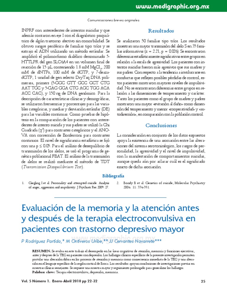 Evaluación de La Memoria y La Atención Antes y Después de La Terapia Electroconvulsiva en