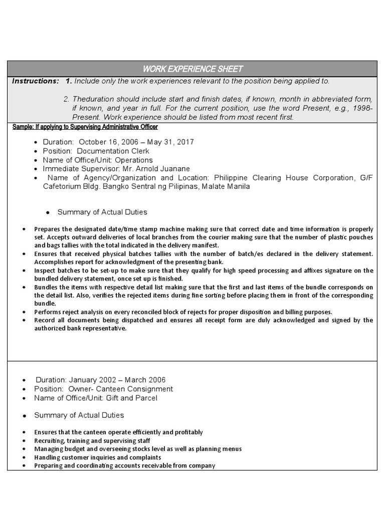 Work Experience Sheet Sample Template | PDF | Career & Growth | Finance ...