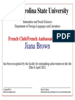 Jiana Brown French Ambassador Certificate