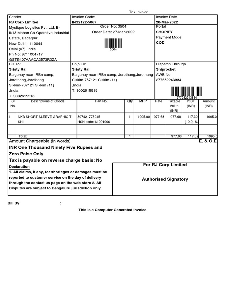 Inr one thousand ninety five rupees and zero paise only tax is payable