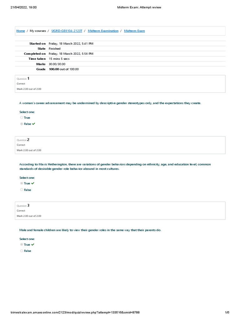 Gender and Society (Midterm Exam - Attempt Review) | PDF | Gender Role ...