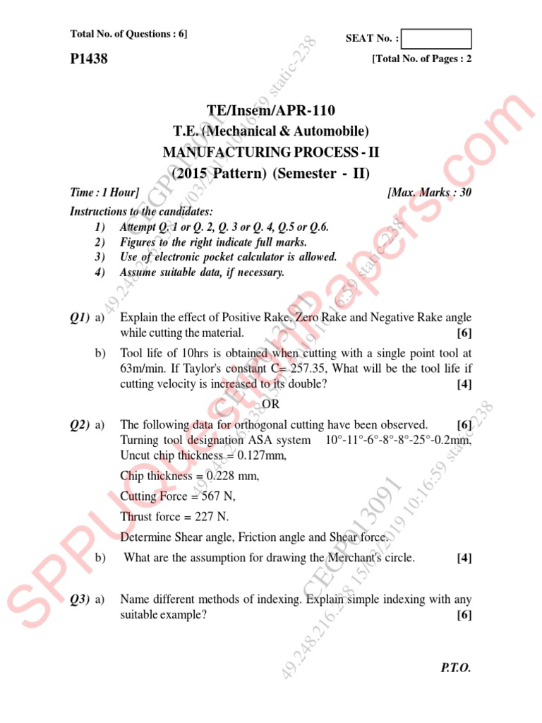 Manufacturing Process II Exam Guide | PDF | Drilling | Machining