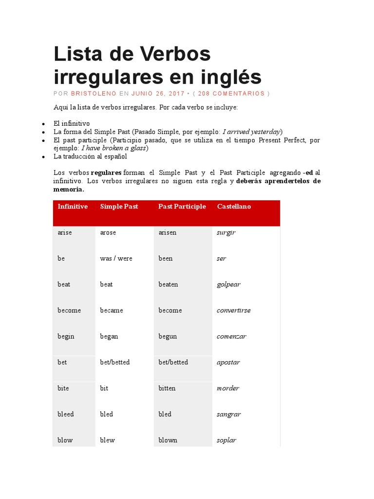 Lista de Verbos Irregulares en Inglés | PDF | Linguistics | Language ...