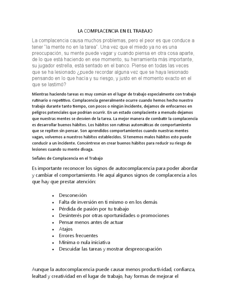 La Complacencia en El Trabajo | PDF | Mente | Sicología