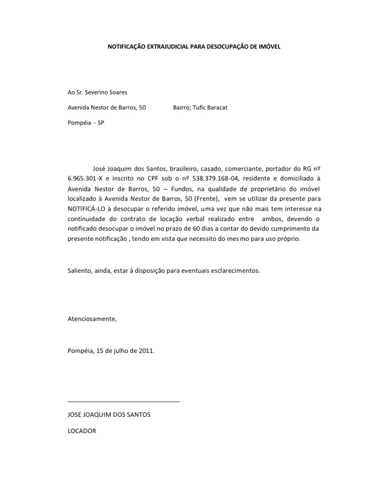 NOTIFICAÇÃO EXTRAJUDICIAL PARA DESOCUPAÇÃO DE IMÓVEL  Business  Trabalho