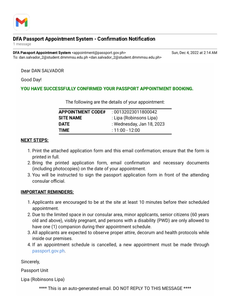 DFA Passport Appointment Confirmation | PDF