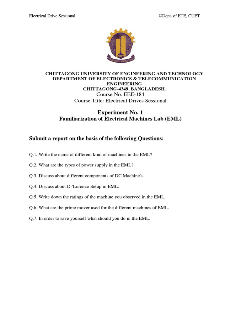 Exp 1. Familiarization of Electrical Machines Lab PDF