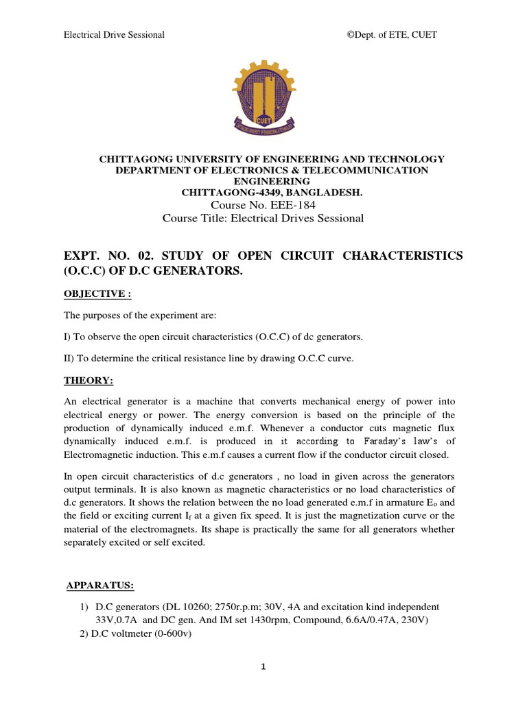 Exp 2 Study Of O C C Of D C Generator Pdf Electric Generator