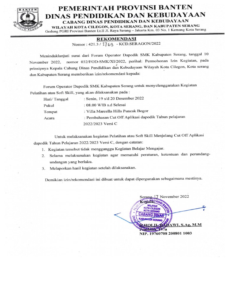 Surat Undangan Kegiatan Pembahasan Cut Off Aplikasi Dapodik Tahun