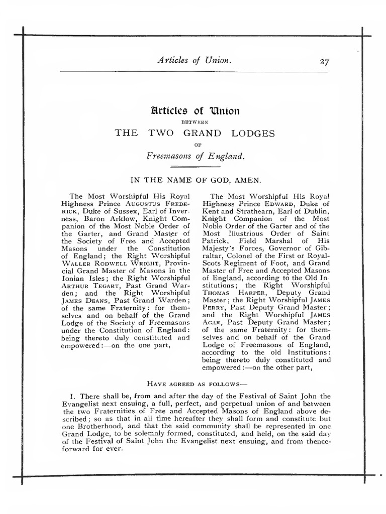 Articles of Union for Freemasons | PDF | Masonic Lodge | Freemasonry