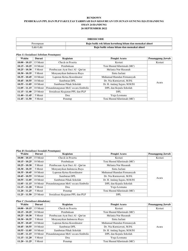 Rundown acara sosialisasi program praktik pengalaman lapangan ppl dan