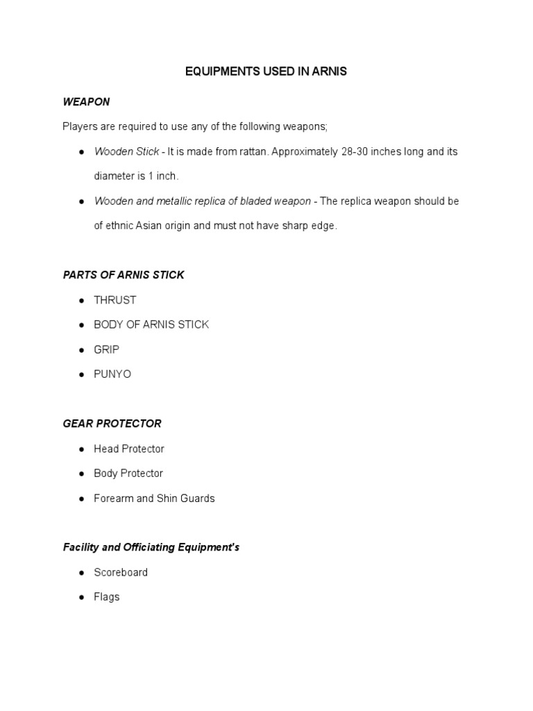 Equipments Used in Arnis and WarmUp Exercises PDF