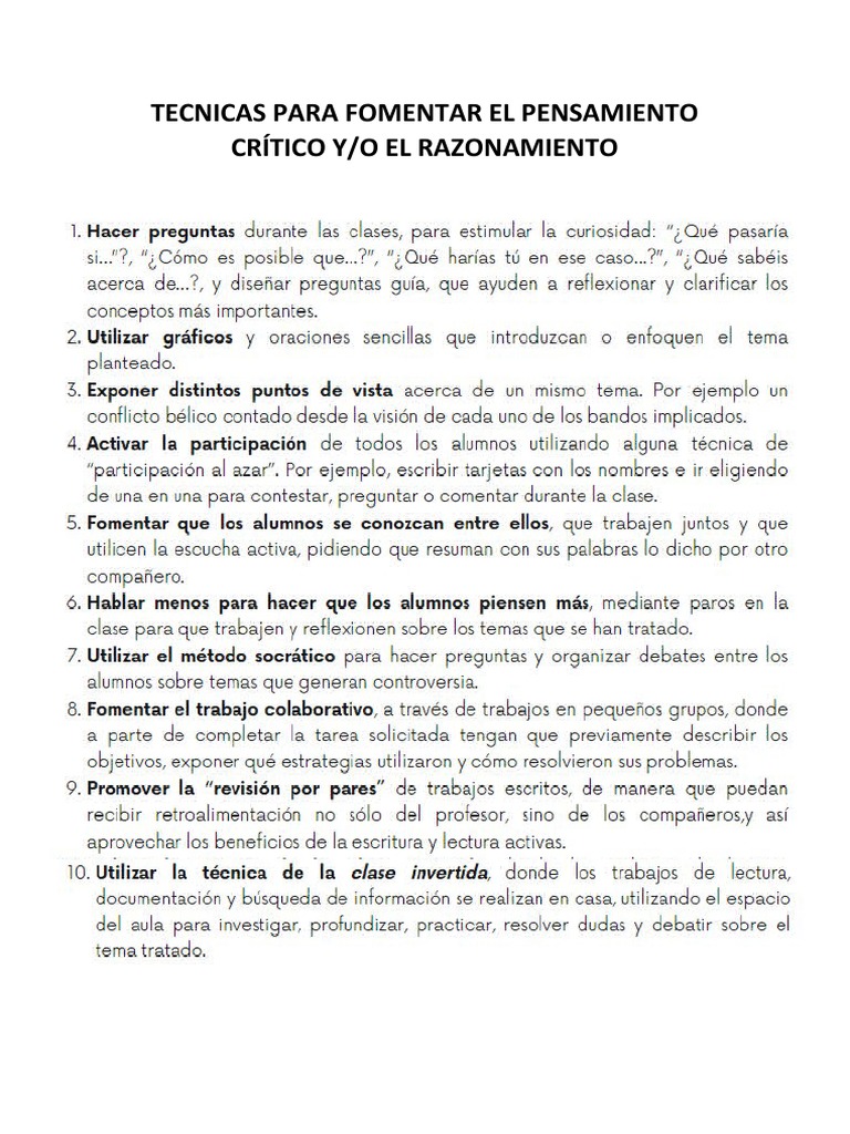 Tecnicas para Fomentar El Pensamiento Crítico y | PDF