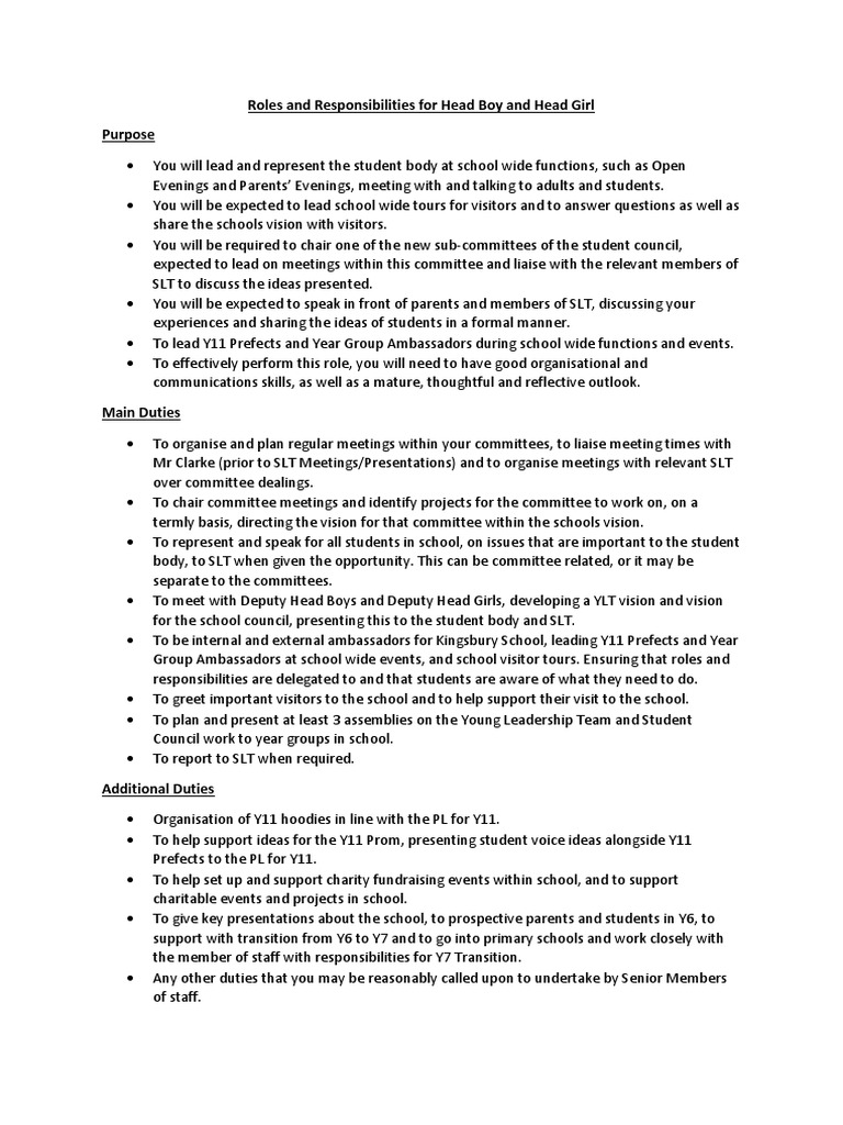 Head Boy and Girl Responsibilities | PDF | Career & Growth | Wellness