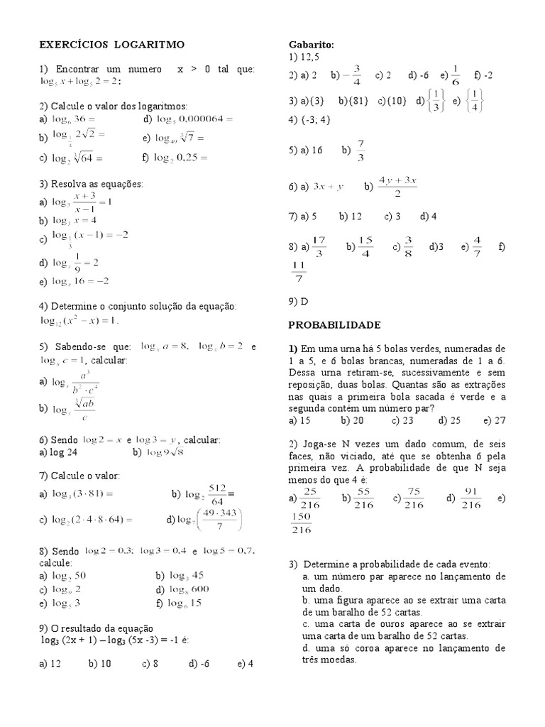 EXERCICIOS - LOGARITMO Com Gabarito | PDF | Probabilidade | Equações