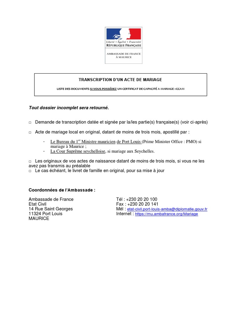 Demande de transcription mariage CCAM | PDF | Mariage | Institutions ...