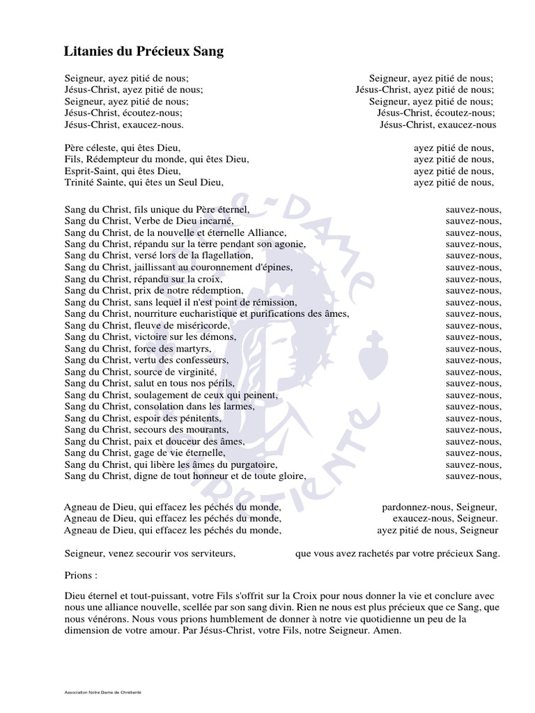 Litanies Du Pr cieux Sang De J sus PDF J sus R demption Th ologie 