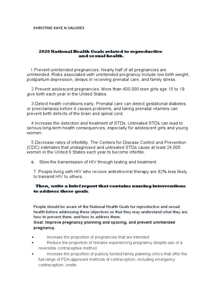 2020 National Health Goals Related To Reproductive and Sexual Health
