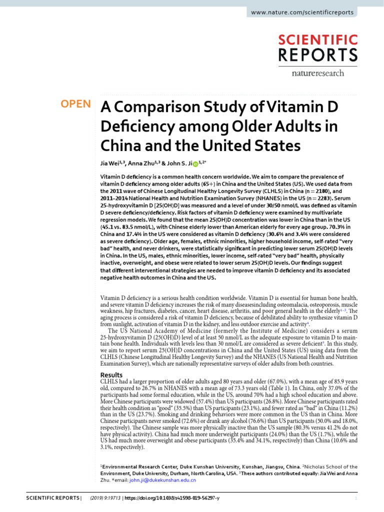 A Comparison Study of Vitamin D Deficiency Among Older Adults in China