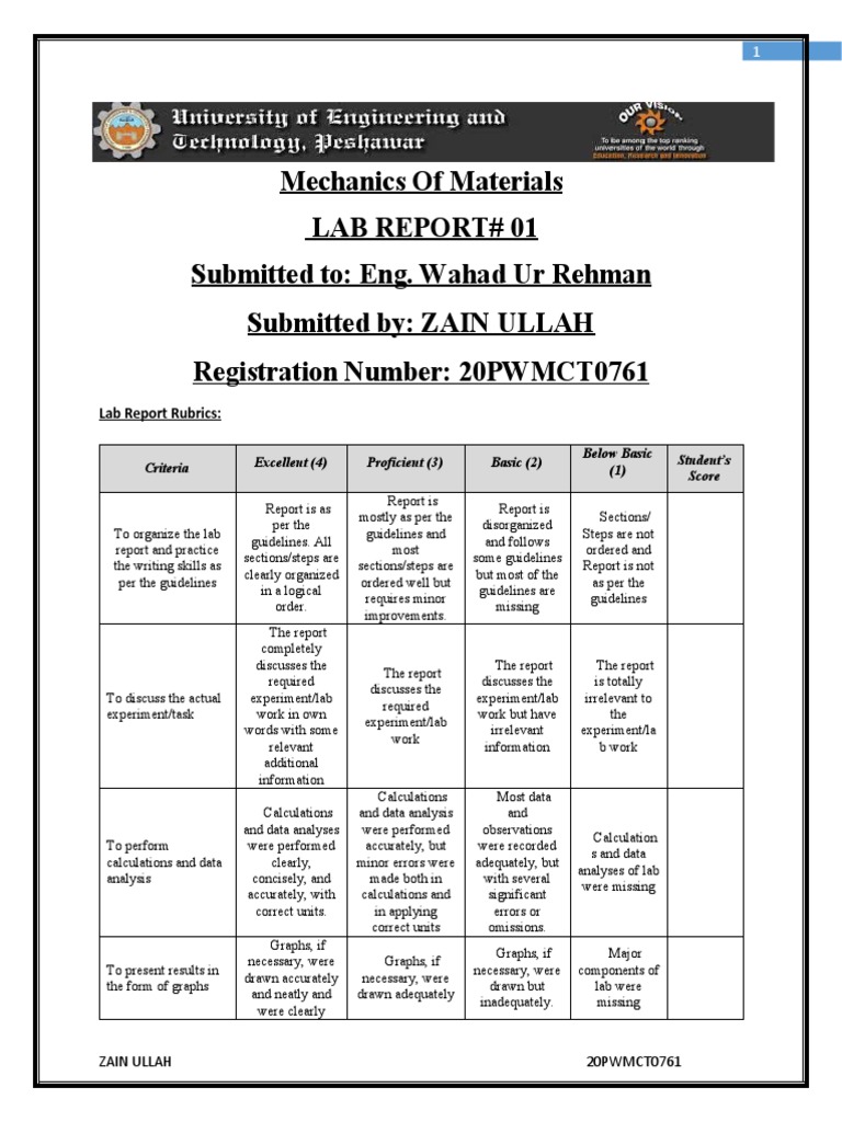 Mechanics of Materials Lab Report 01 | PDF | Deformation (Engineering ...