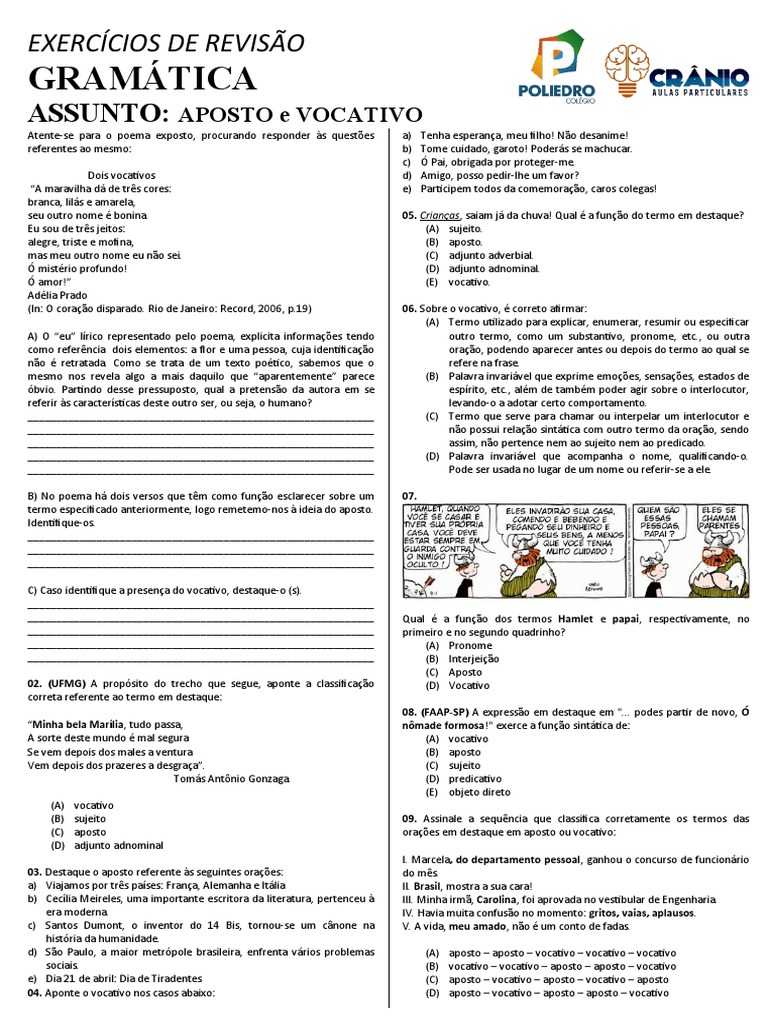Exercícios sobre Aposto e Vocativo | PDF | Assunto (gramática) | Pronome