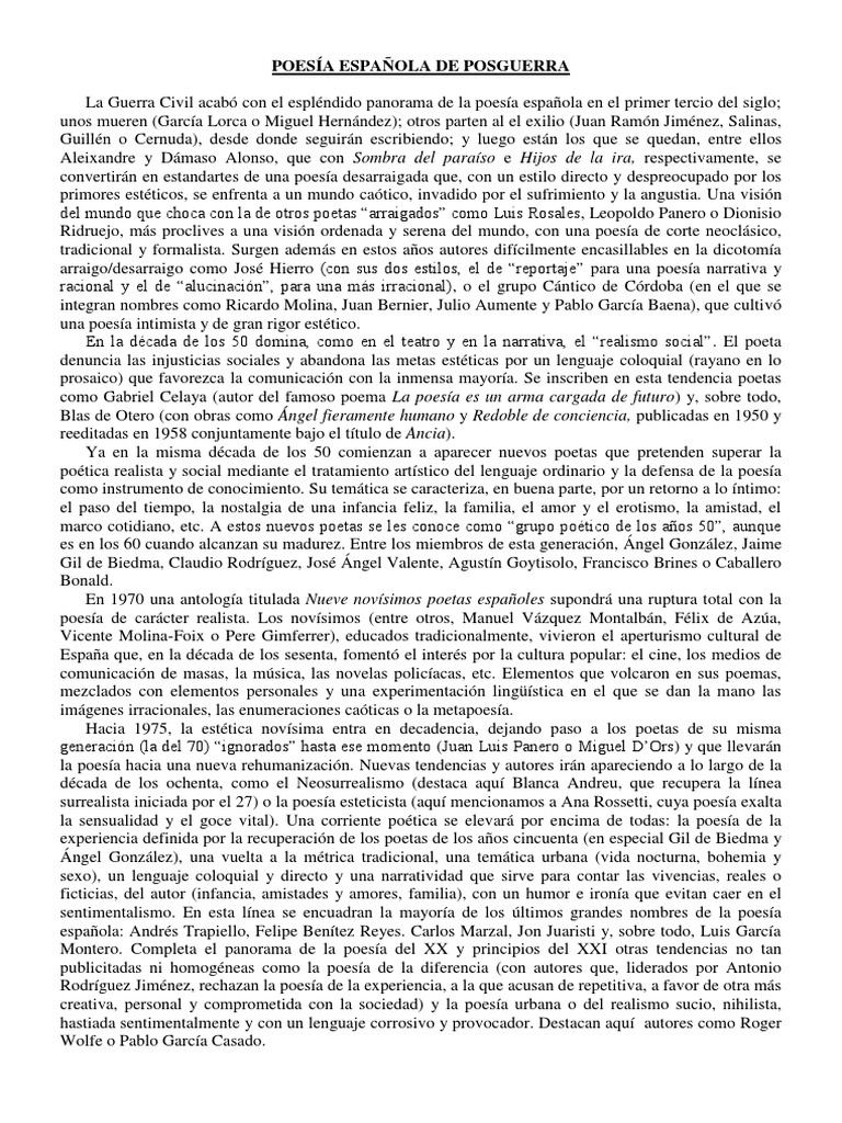 Poesa Espaola de Posguerra | PDF | Poetas masculinos | Españoles