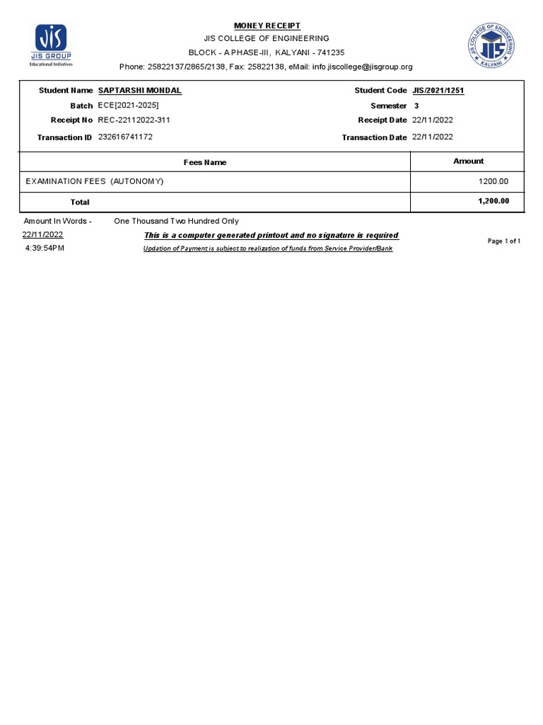 Examfees Receipt 3rd Sem | PDF