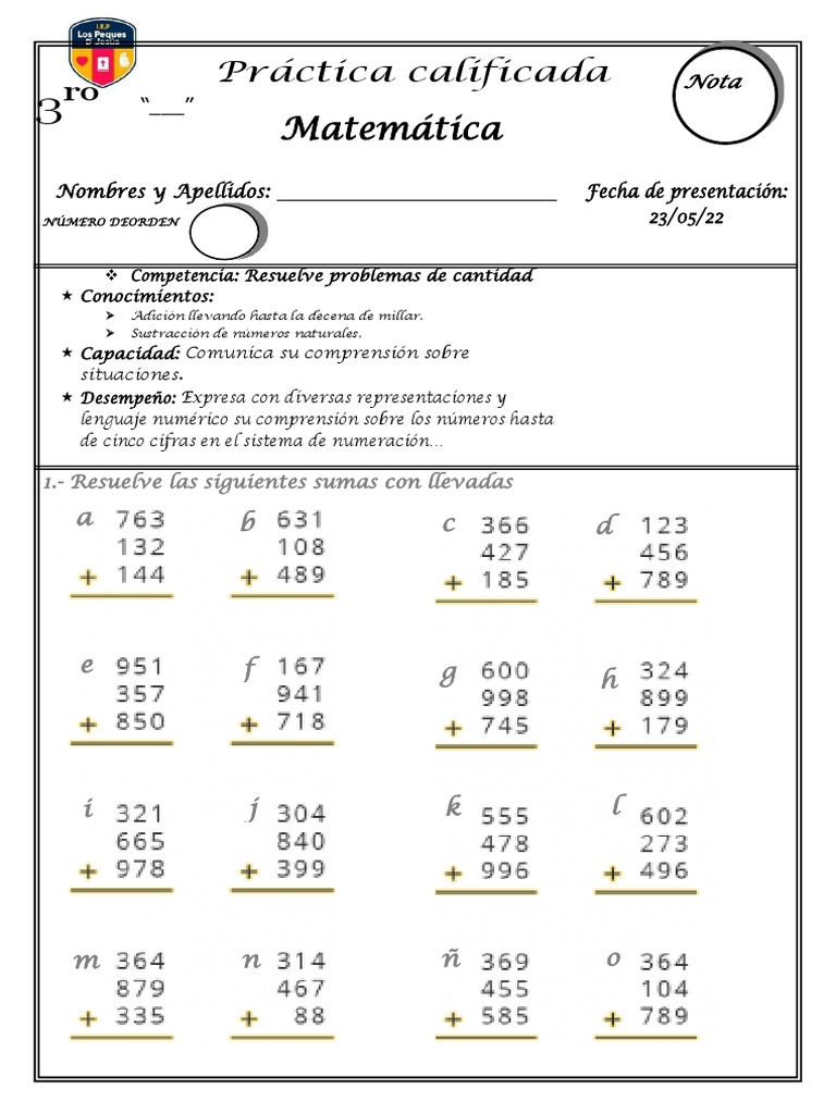 Práctica de Matemáticas: Sumas y Lectura Numérica | PDF | Matemáticas ...