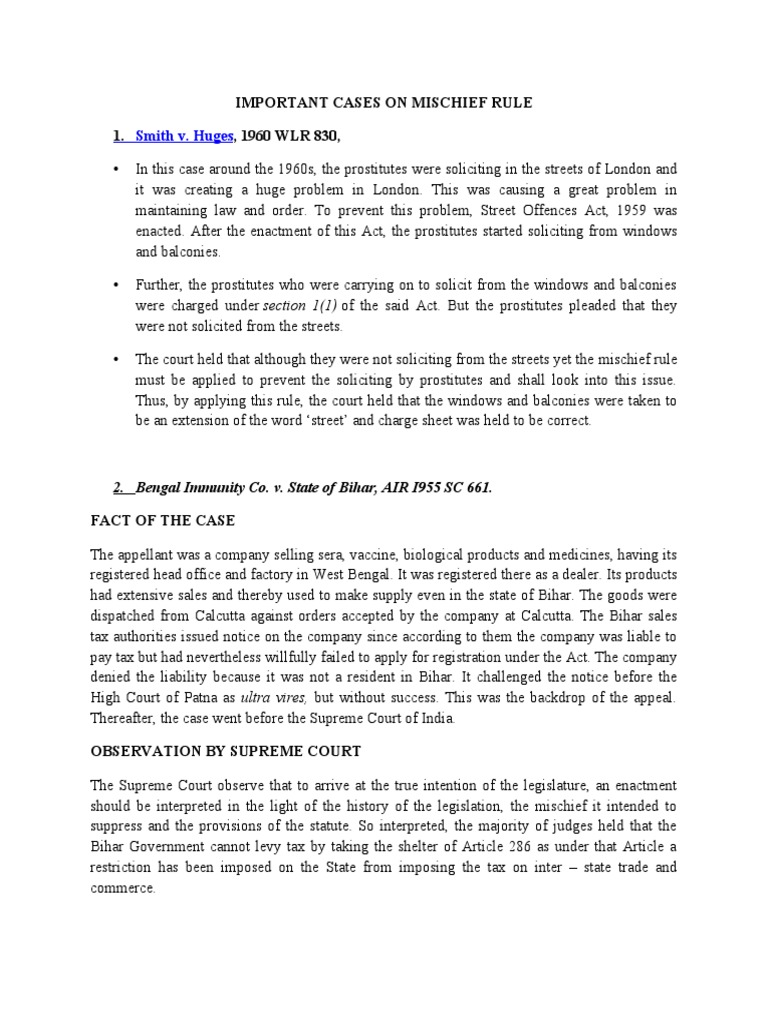 Smith v huges important cases on mischief rule 1 1960 wlr 830