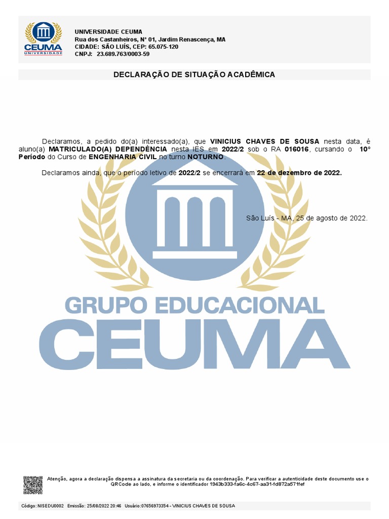 Declaração de Situação Acadêmica CEUMA | PDF