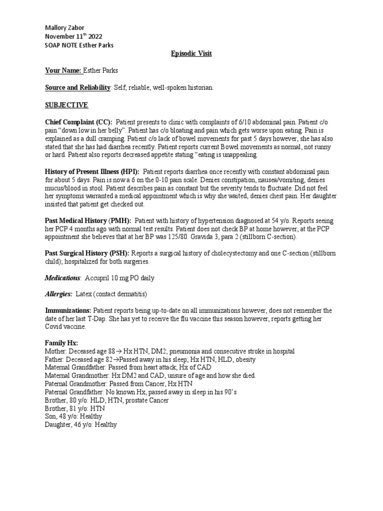 Abdominal Pain SOAP Note for Esther Park | PDF | Constipation ...