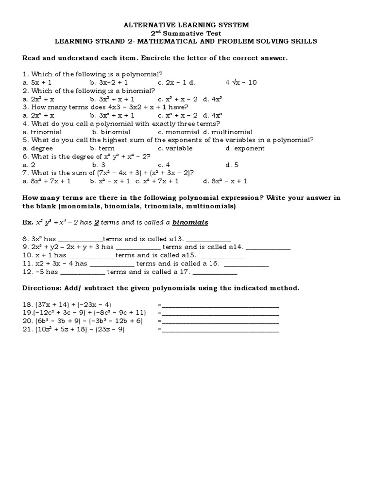 2nd Summative Test: Math Skills | PDF