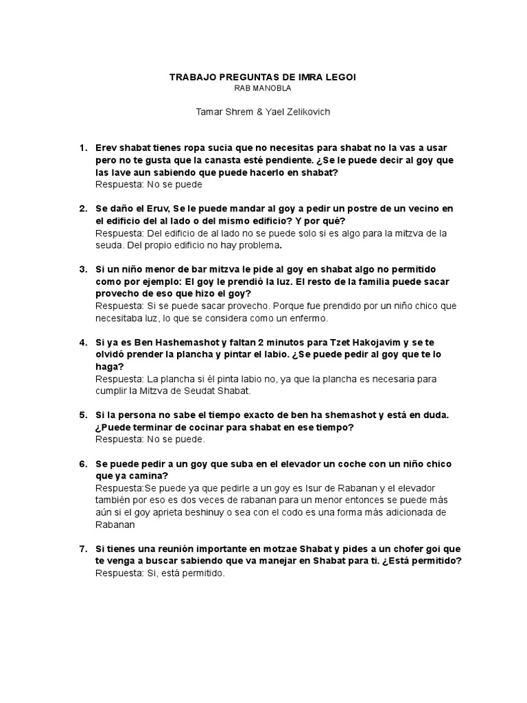 Trabajo Preguntas Halajot Shabat Goy Rab Manobla PDF Shabat