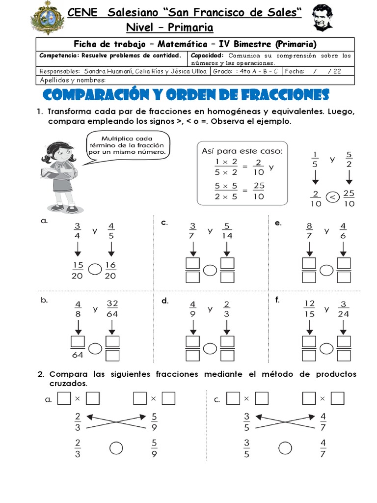 4P-FICHA de Trabajo-Comparacion - Orden - Fraccion de Un Numero | PDF, image size:768x1024