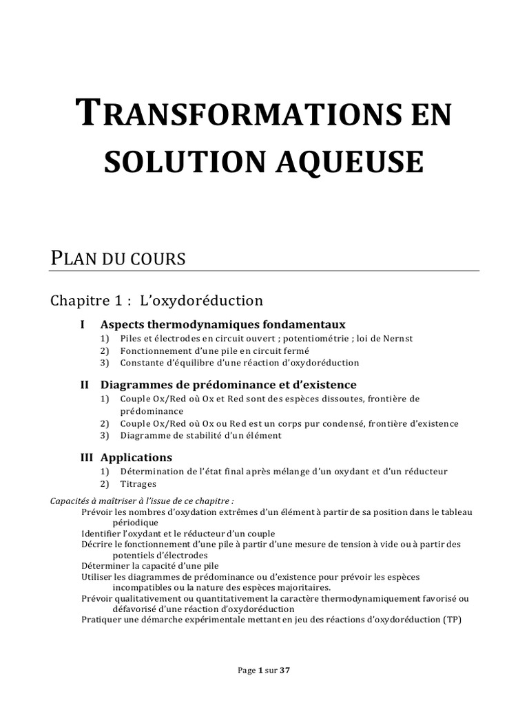 Transformations en solution aqueuse | PDF | Acide | Ph