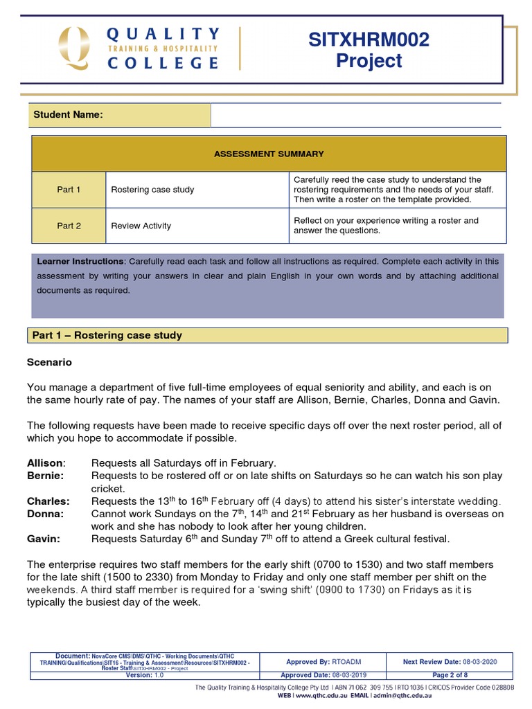 SITXHRM002 Roster Staff PDF Employment Workweek And Weekend
