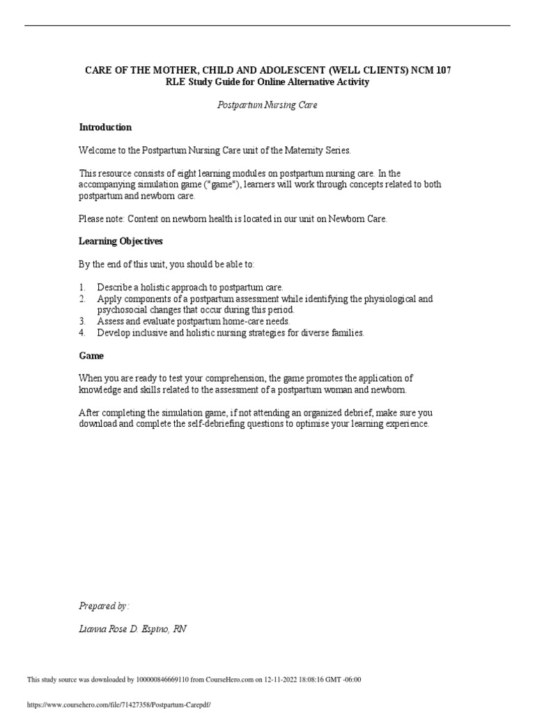 Postpartum Nursing Care Overview | PDF | Postpartum Period | Nursing