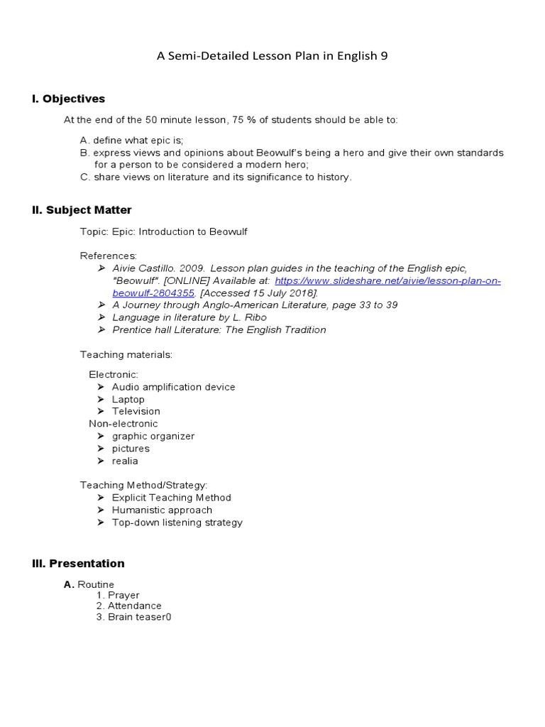 Beowulf English 9 Lesson Plan | PDF