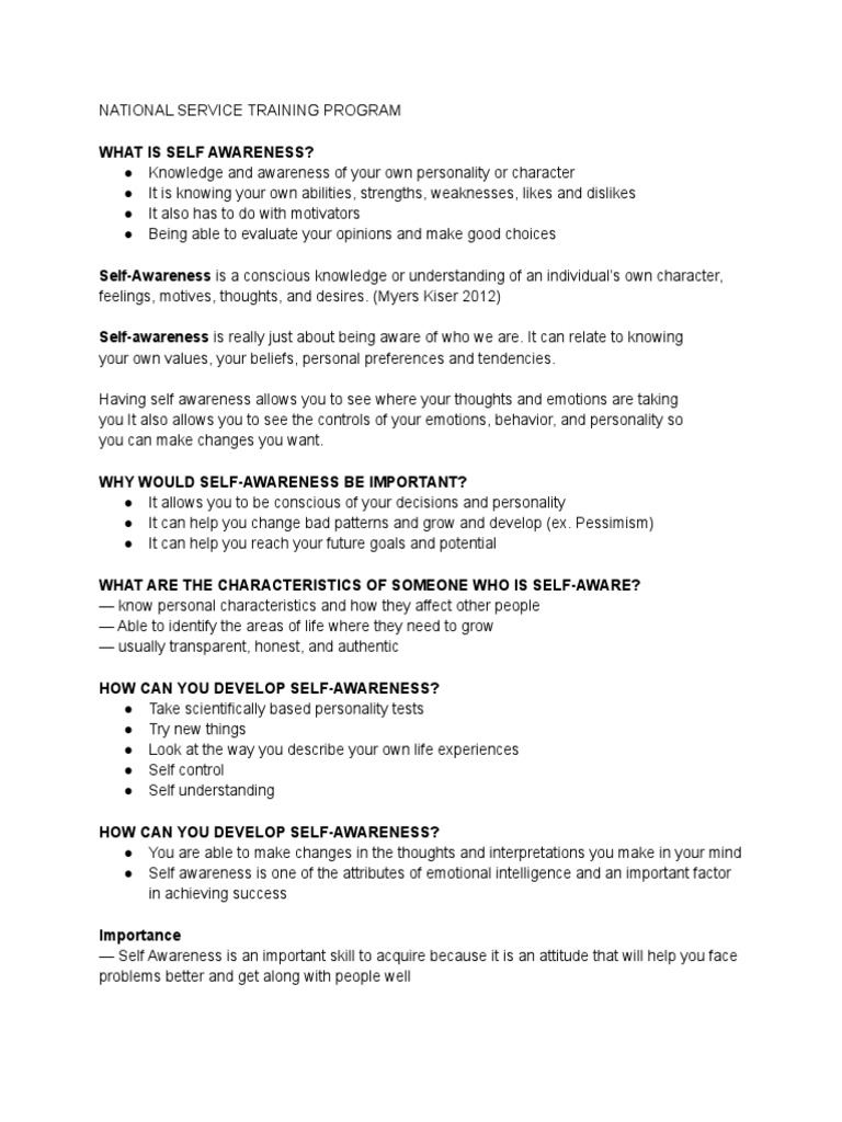 Self-Awareness and Values in NSTP | PDF | Self Awareness | Leadership