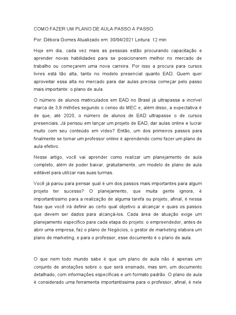 Como Fazer Um Plano de Aula Passo A Passo | PDF | Aprendizado | Lição