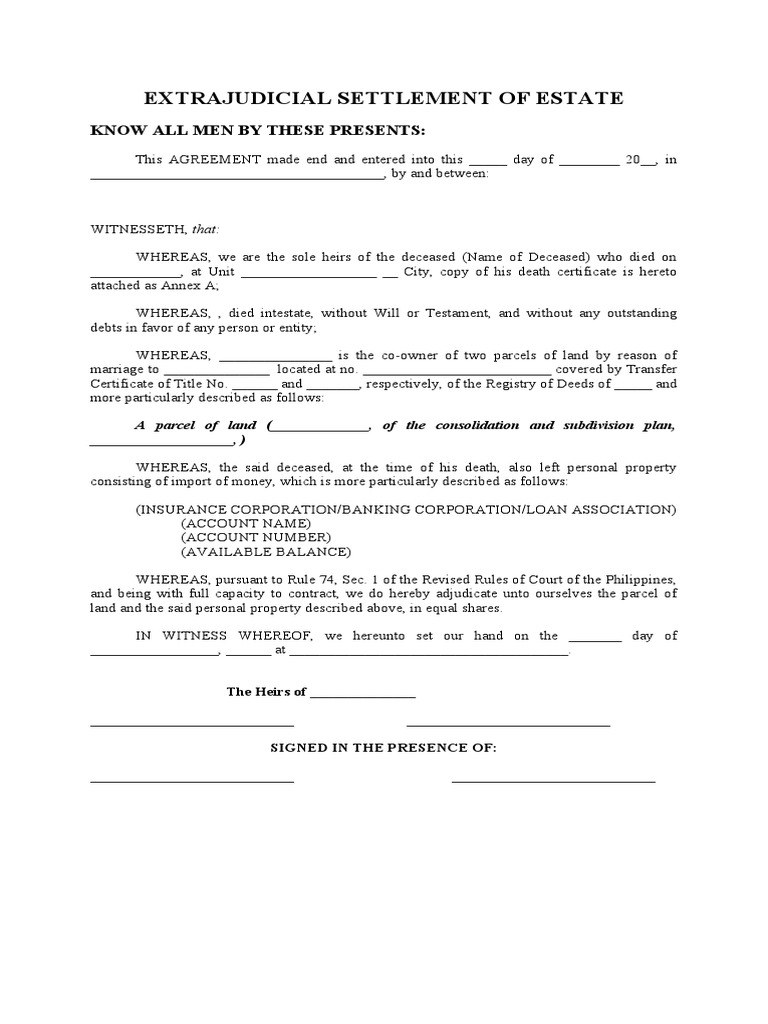 Extrajudicial Settlement of Estate | PDF | Deed | Property Law