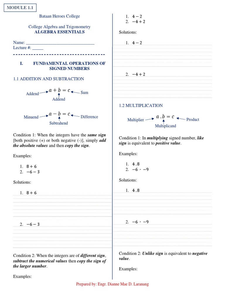 Subtraction Of Signed Numbers Pdf
