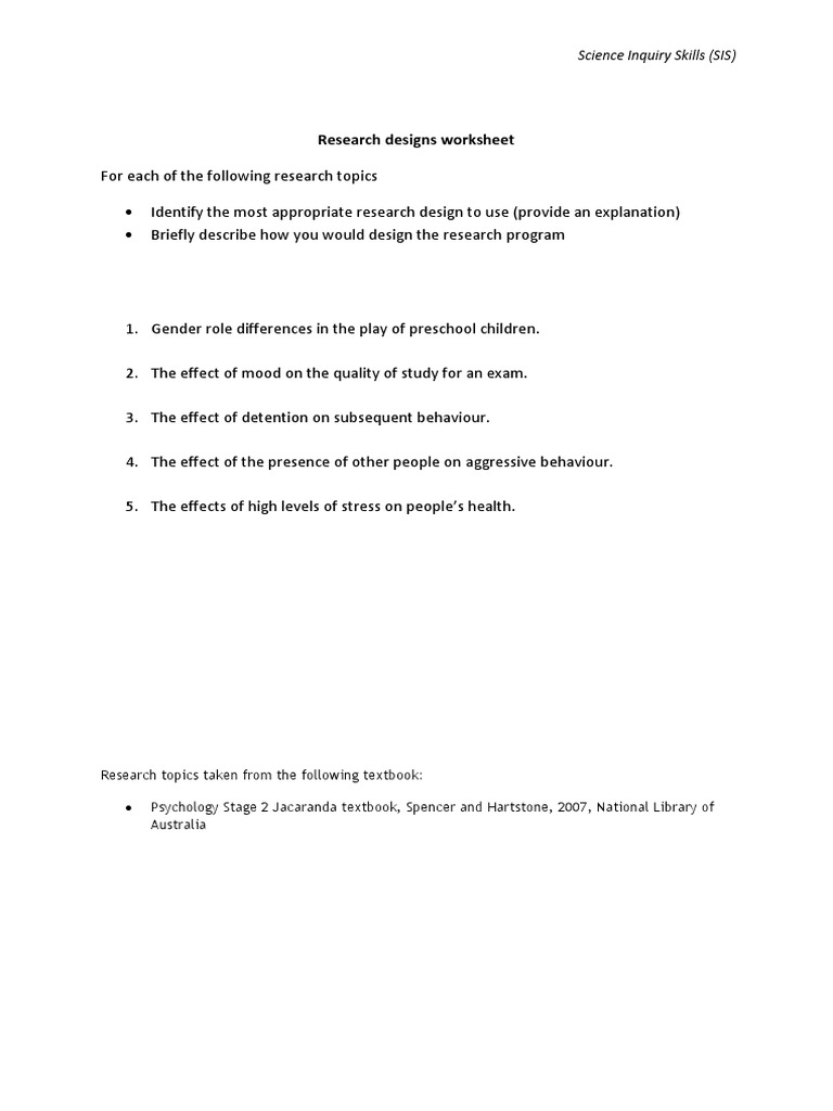 Research Designs Worksheet 1 | PDF | Self-Improvement | Science ...