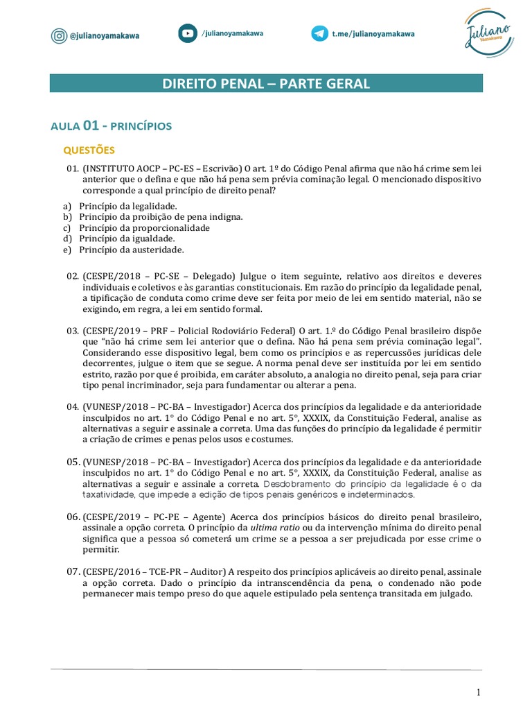 Aula 01 - Exercícios | PDF | Direito Penal | Crime e Violência